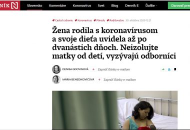 Denník N, Screenshot, Autorky článku "Žena rodila s koronavírusom a svoje dieťa uvidela až po dvanástich dňoch. Neizolujte matky od detí, vyzývajú odborníci" Denisa Gdovinová a Mária Benedikovičová