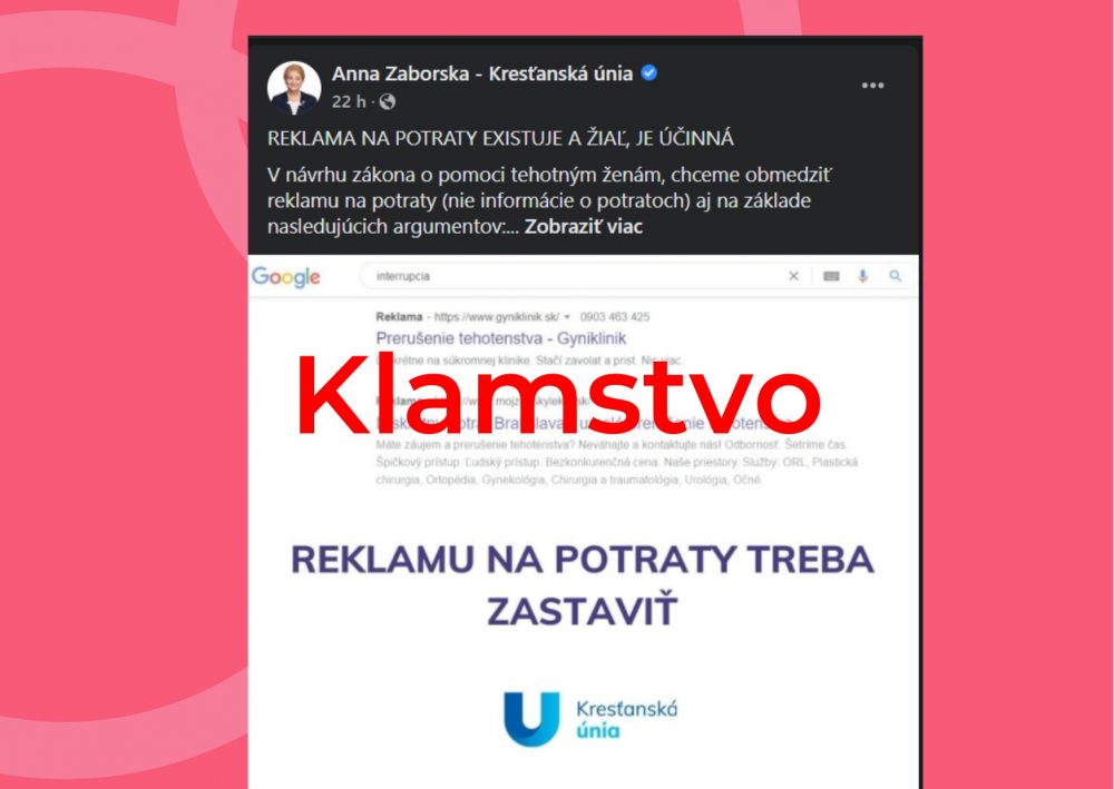 Status Anny Záborskej - Kresťanská únia Reklama na potraty existuje a žiaľ je účinná Veľký červený nápis cez status doplnený Ženskými kruhmi: Klamstvo