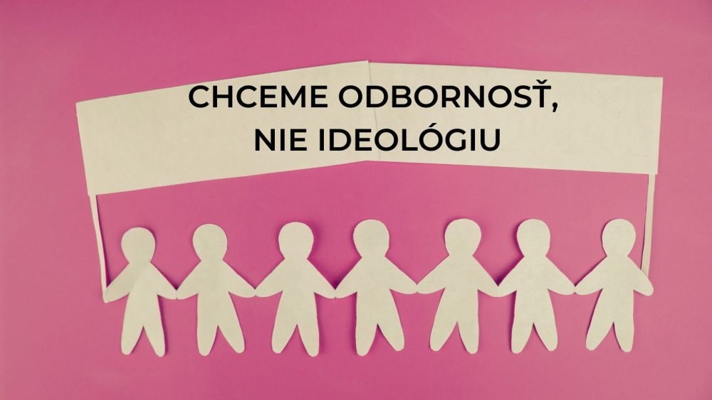 ngo-illustration-Artboard 5 Panáčikovia vystrihnutí z papiera sa držia za ruky a držia transparent s nápisom: Chceme odbornosť, nie ideológiu