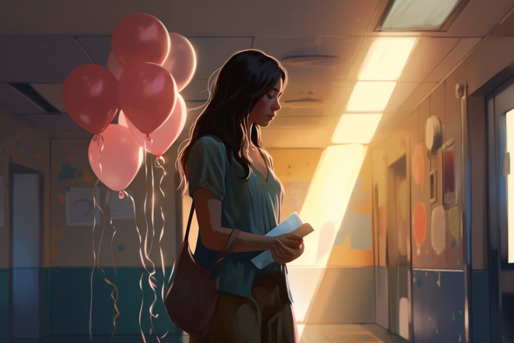ngo-illustration-Artboard 5 Animovaný obrázok. Mladá žena s dlhými rozpustenými vlasmi stojí na nemocničnej fotke. Má sklonenú hlavu a v ruke drží papire. Vedľa nej je viacero balónov.