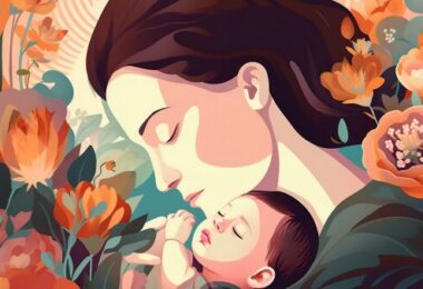 Systém zlyháva v starostlivosti o ženy, matky a deti, zatiaľ čo spoločnosť oslavuje ženy len povrchne, bez riešenia ich skutočných potrieb. Matka držiaca novorodenca v náručí, v pozadí kytice kvetov ako symbol MDŽ.