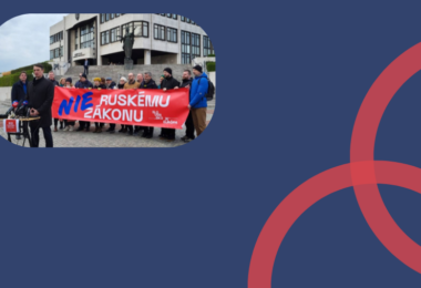 Zástupcovia Platformy pre demokraciu stoja pred parlamentom a protestujú proti ruskému zákonu.