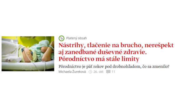 ngo-illustration-Artboard 5 Screenshot obrazovky. V ľavej časti záber na ležiacu tehotnú ženu na monitore, žena je bez tváre. Text vedľa fotografie: Nástrihy, tlačenie na brucho, nerešpekt aj zanedbané duševné zdravie. Pôrodníctvo má stále limity. Pôrodníctvo je päť rokov pod drobnohľadom, čo sa zmenilo? Michaela Žureková 26. okt